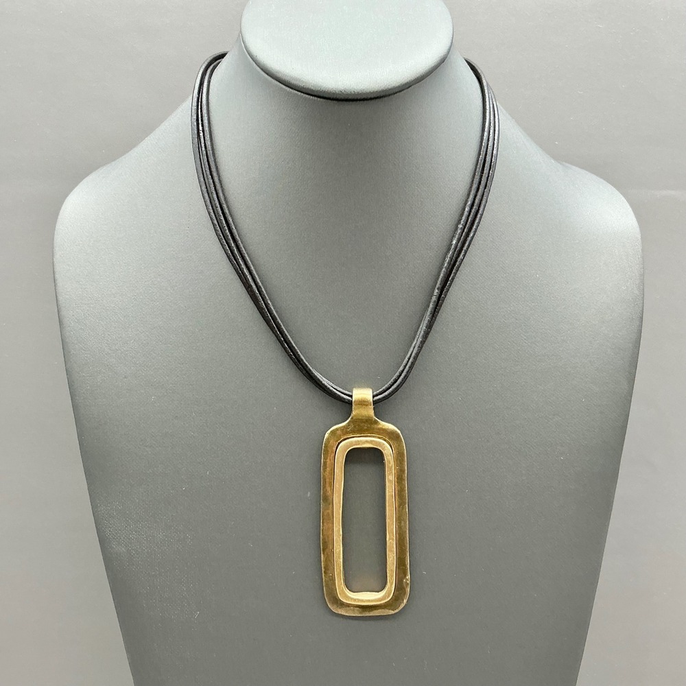Chico's Necklace Women Gold Black Cord Geometric Open Rectangle Pendant Jewelry